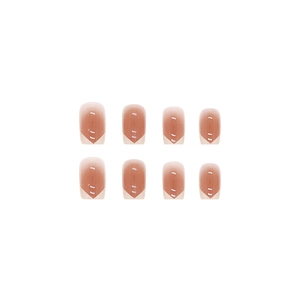 Pink French ombre press-on nails with white V-tips and glossy mirror finish set