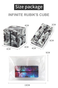 Detailed size chart showing 4cm closed and 8cm open galaxy infinity cube dimensions