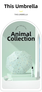 Detail of mint green folding umbrella with animal illustrations on geometric platform
