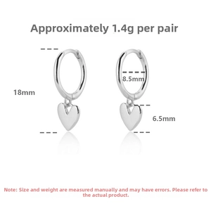 Detailed dimensions of S925 sterling silver heart hoop earrings with height and diameter