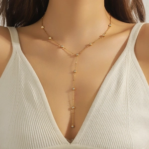 Elegant gold-plated stainless steel Y-shaped necklace featuring sparkling zircon accents