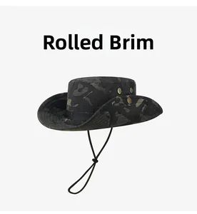 Detail showing the camouflage tactical boonie hat with rolled brim and copper vents