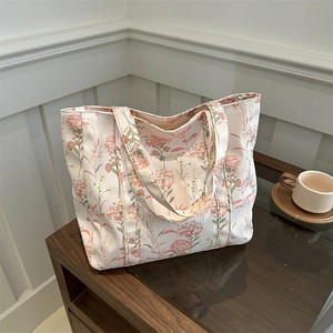 Floral Print Canvas Tote Bag With Zipper Large Capacity Casual Shoulder Handbag For Women Daily Fashion