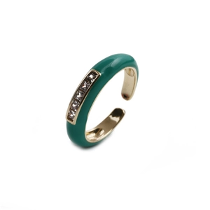Adjustable gold plated ring with green enamel and five square clear zircon stones