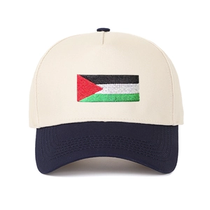 Two-tone baseball cap in off-white and navy featuring Palestine flag embroidery