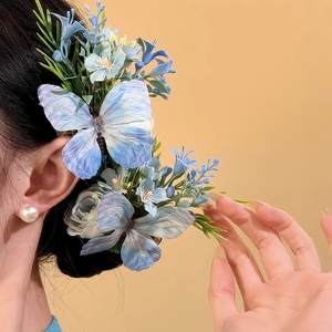 Pince À Cheveux Papillon Fleur En Tissu Élégante Faite À Main Clip Bec De Canard Bleu Vert Accessoire Pour Femmes
