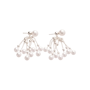French vintage tassel pearl stud earrings with silver metal chains on white background