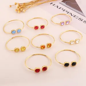 Minimalist Stainless Steel Open Cuff Bangle For Women With Square Glass Gemstones Geometric Aesthetic Luxury Jewelry