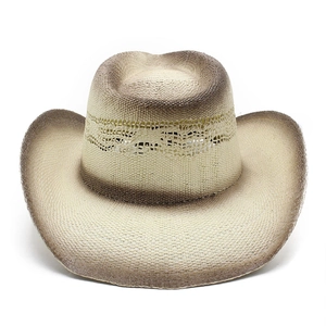 Chapeau de cowboy en paille tissée beige avec bord dégradé brun et ruban ajouré
