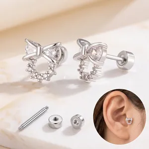 Bowknot Cartilage Stud Earring Copper With Cubic Zirconia And Stainless Steel Earring Post Screw Back Elegant Fashion For Women