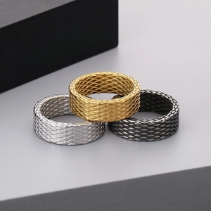 Three-piece set of men's stainless steel rings with diamond texture in gold, silver, and black