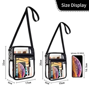 Clear PVC crossbody bag showing two sizes with tablet and cosmetics inside
