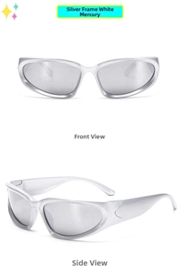 Front and side views of futuristic kids sports sunglasses with silver mirror lenses