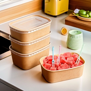 Eco-friendly kraft paper food containers with clear lids for takeaway fruit and meals