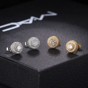 Men's hiphop round stud earrings with gold plating and micropave cubic zirconia crystals