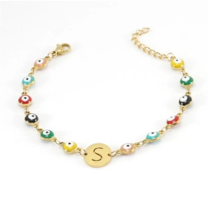 Detail of 18K gold letter S bracelet with colorful evil eye beads and lobster clasp