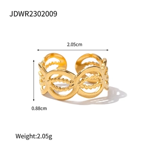 Detail view of gold infinity woven ring showing dimensions 2.05cm diameter and 0.88cm width