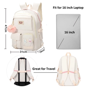 Detail of cream backpack with 16-inch laptop pocket and luggage strap functionality