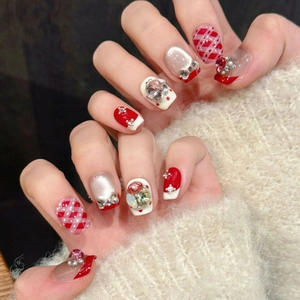 Pink and red checkered press-on nails with luxury rhinestones, pearls and bow accents