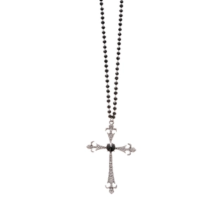 Gothic beaded necklace with silver baroque cross pendant and black faceted gemstone