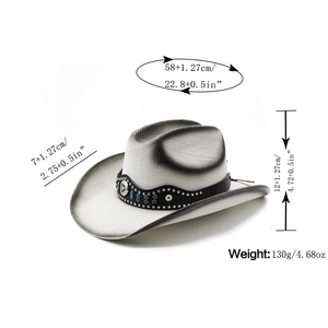 Silver-grey straw cowboy hat with black leather band and turquoise studs, side view