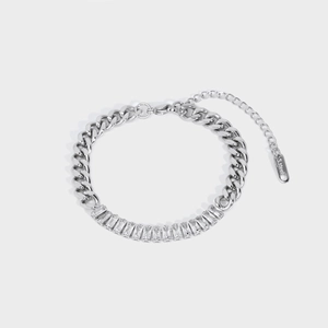 Detailed view of stainless steel curb chain bracelet with inlaid rectangular zircon stones