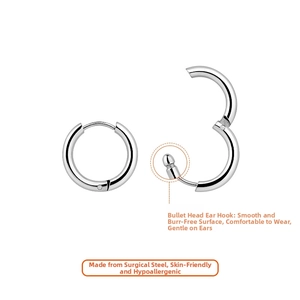 Detail view of surgical steel hoop earrings with hypoallergenic bullet-style clasp