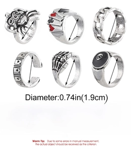 Gothic punk alloy ring set featuring skull and chain designs in antique silver finish