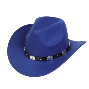 Detail of blue felt cowboy hat featuring black leather band with silver metal rivets