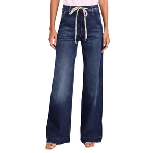 Women's dark blue wide leg denim pants with drawstring waist in a stylish straight cut