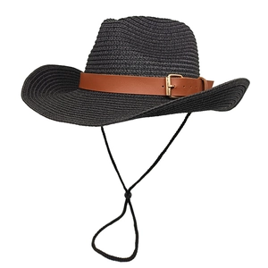 Klassischer schwarzer Cowboyhut aus Geflecht mit Lederband und verstellbarem Band