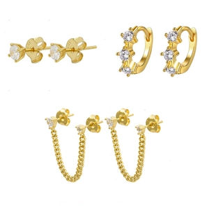 Three-piece set of gold S925 silver stud earrings with zircons and long fringe tassels