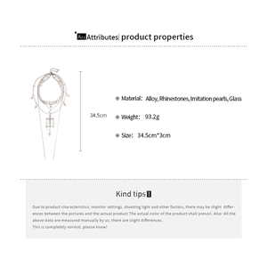 Detailed size specifications for the silver tiered cross necklace with pearls and rhinestones