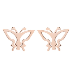 Detailed view of symmetric hollow butterfly stud earrings in elegant rose gold finish