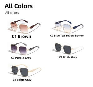 Detailed grid display of metallic oversized square sunglasses in five trendy color gradients