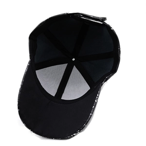 Detail view showing internal six-panel stitching and white floral texture on black PU cap