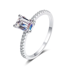 S925 sterling silver four-prong ring with emerald-cut moissanite and pave-set band