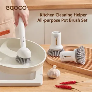 Liquid Dispensing Kitchen Cleaning Brush Long Handle Rotatable Pot Dish Scrubber Plastic Ergonomic Scrubbing Tool