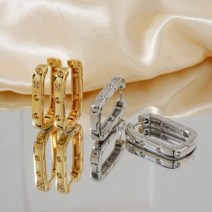 Boucles D'oreilles Créoles Rectangulaires Cuivre Avec Zircon Design Géométrique Industriel Rainure De Vis Bijoux Mode