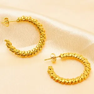 Chunky Hoop Earrings 18K Gold Plated Stainless Steel Twisted Braided C Shaped Geometric Retro Trendy Jewelry For Women