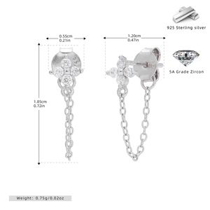 Detailed macro view of S925 sterling silver flower earrings with Zircon dimensions