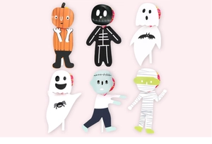 Detailed view of six cute Halloween lollipop decorative cards featuring ghost and pumpkin