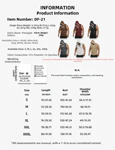 Size chart and washing labels for the sleeveless hooded gym t-shirt with detailed dimensions