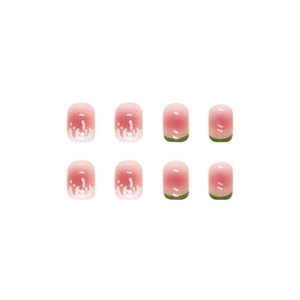 Short peach pink and green gradient press-on nails with 3D fluid drip texture