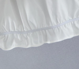 Detail of white puff sleeve shirt showing ruffle hem and elastic pleated texture