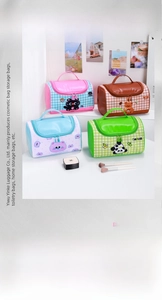 Multiple cute animal patterned grid cosmetic bags in pink, brown, blue and green colors