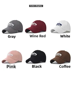 Detailed view of 6-color washed cotton baseball caps with embroidered logo and 6-panel structure