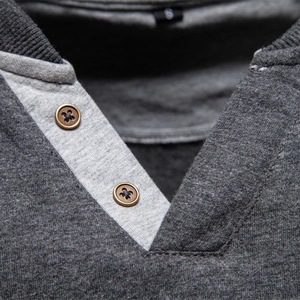 Men's V-neck cotton long sleeve T-shirt with gray patchwork and button collar details