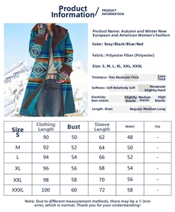 Size guide for mid-length printed coat with detailed measurements from size S to XXXL