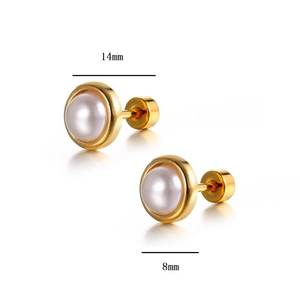 Detail showing 8mm and 14mm small pearl stud earrings in gold plated stainless steel finish